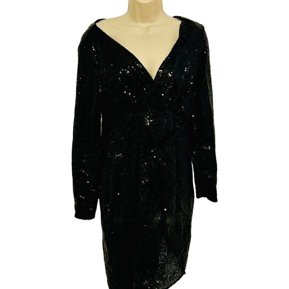 V neck Wrap around black sequin party dress Size XX Large - Picture 1 of 3